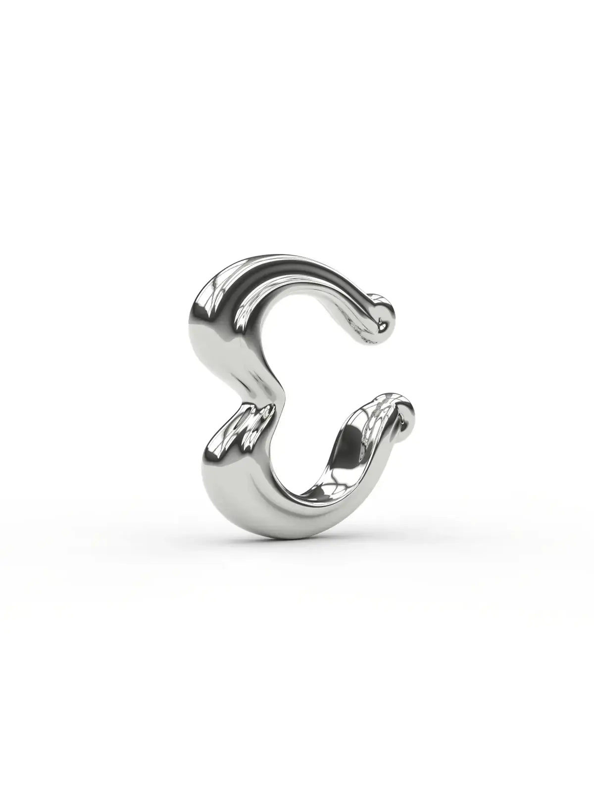 Open heart ear cuff in sterling silver, front left angle. A sculptural hero depiction. 