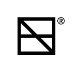 Lorn Jean logo. Black outline square with a line sectioning it in the middle horizontally and another from the top left corner to the bottom right corner. This 'smart square' logo spells "Lorn Jean" as angular letters layered on top of one another.