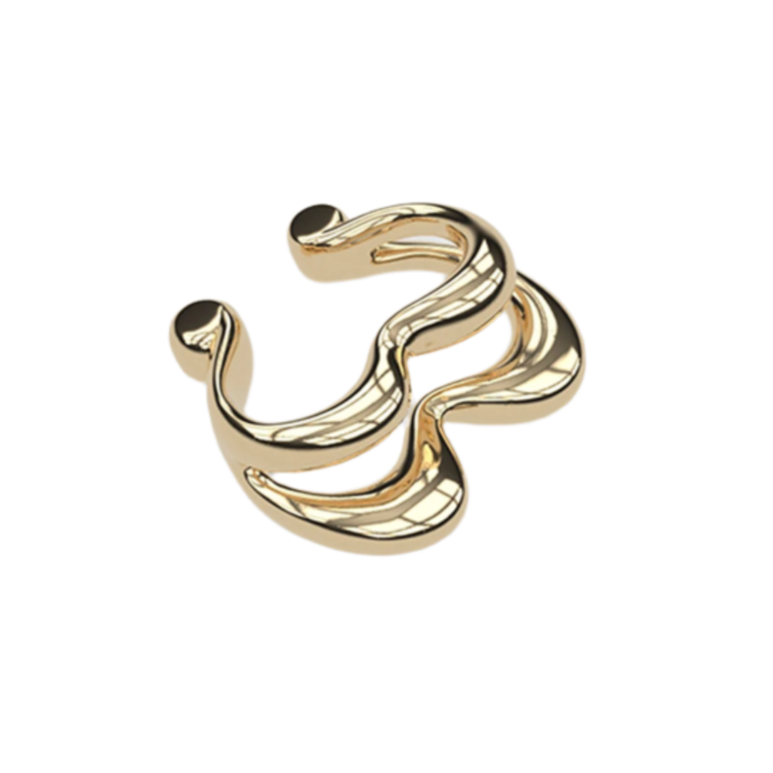 18ct yellow gold Heartbeat ear cuff, angled and elevated close-up view capturing polished finish.