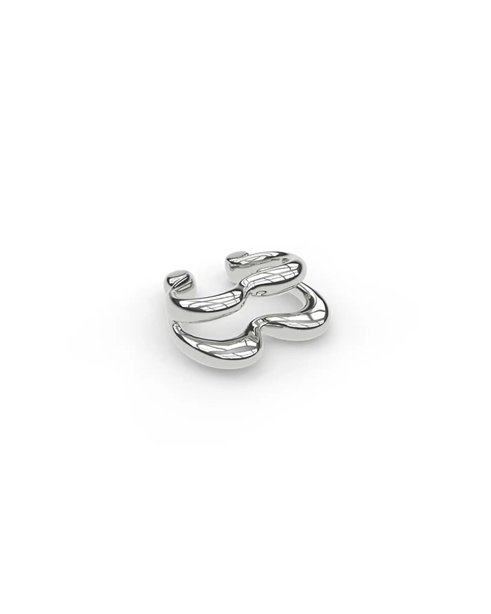 Sterling silver Heartbeat ear cuff, elevated angle showing surface and contour.